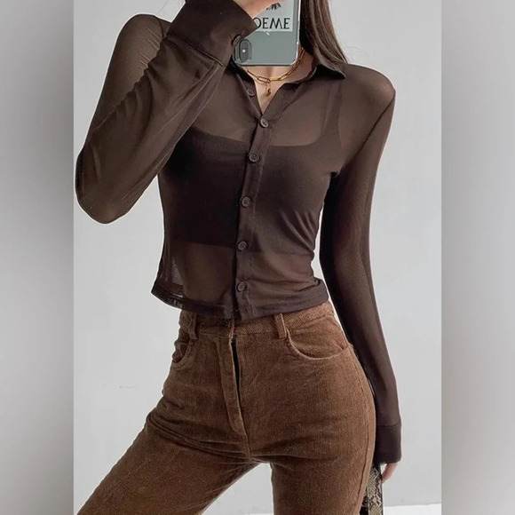 Motel Tops - Motel  Brown Sheer Button-Up Blouse - Large